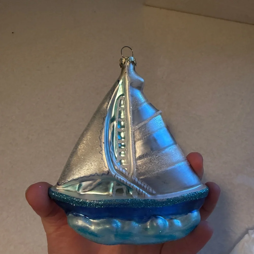 Blue and Silver Sailboat Blown Glass Ornament
